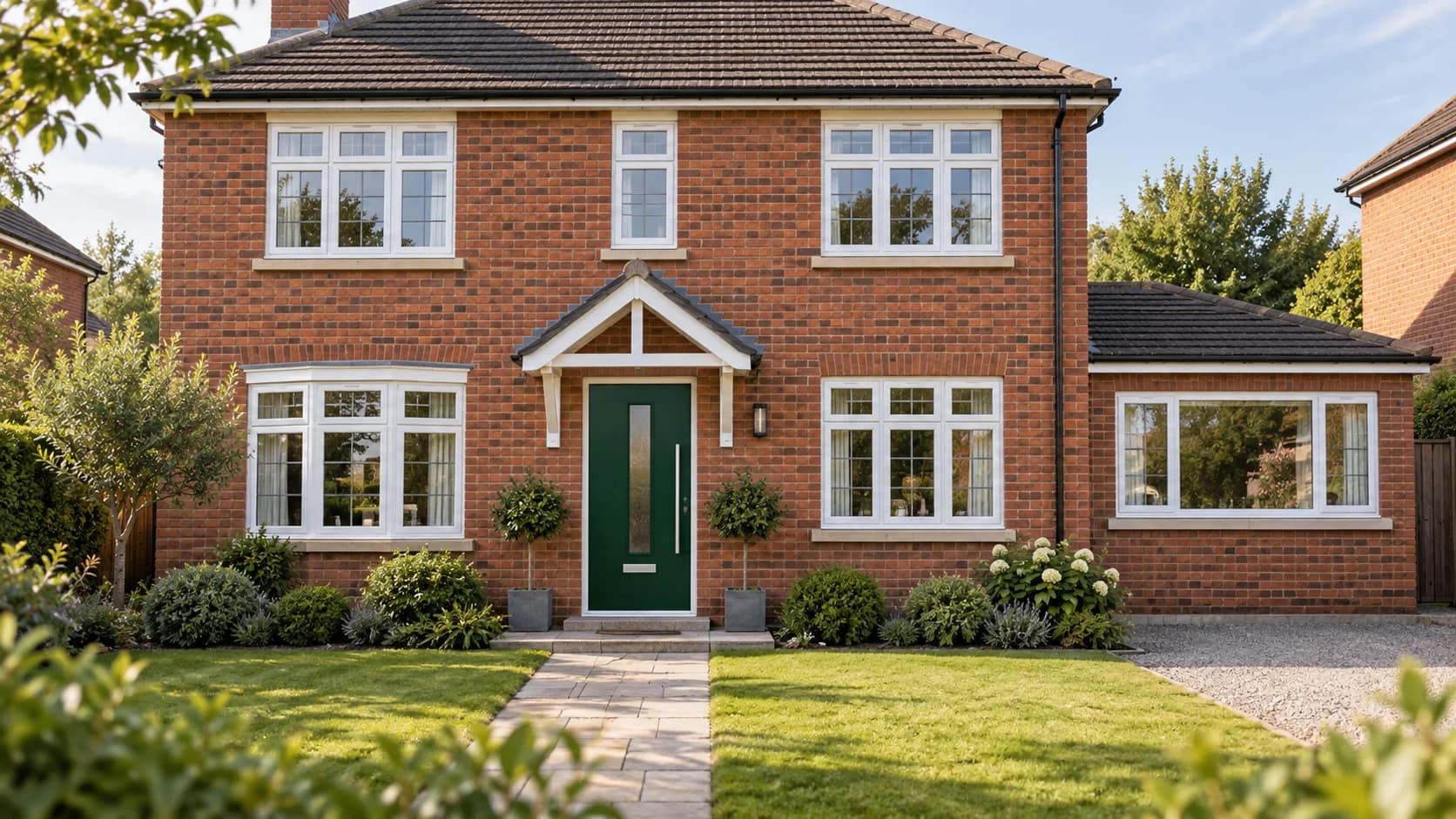 Illustration of a brick house with white windows and a green front door with one pull handle