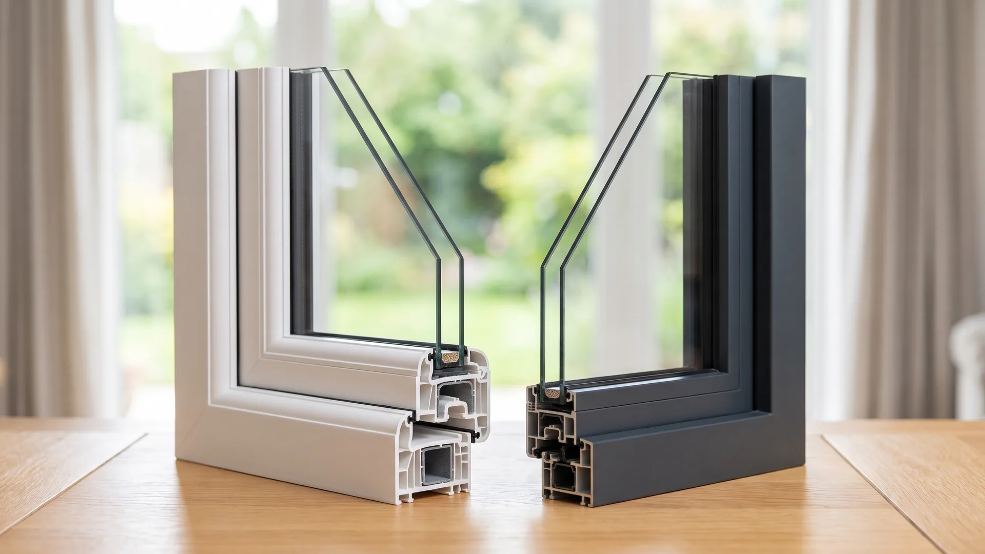 White uPVC and anthracite grey aluminium window corner sections side by side, showing the difference in frame profile