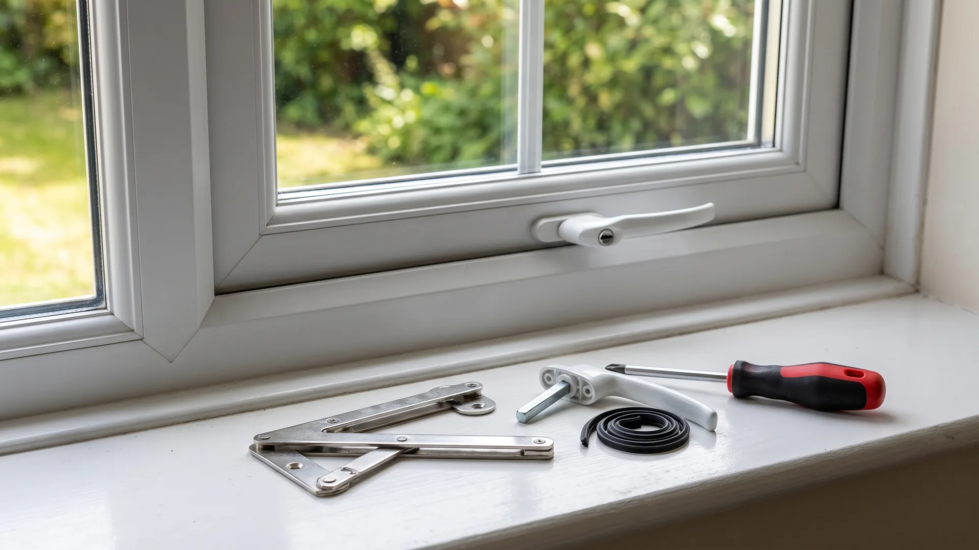 Replacement friction hinges, a window handle, rubber gasket and a screwdriver on the window board in front of a white uPVC casement window