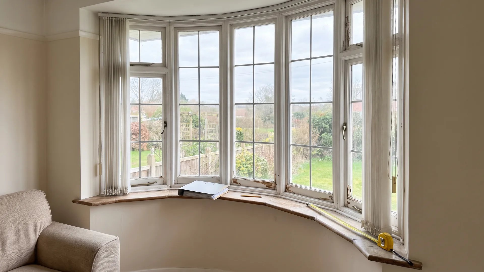 Old white-painted timber bay window seen from inside a living room, with a survey folder, pencil and tape measure on the window board
