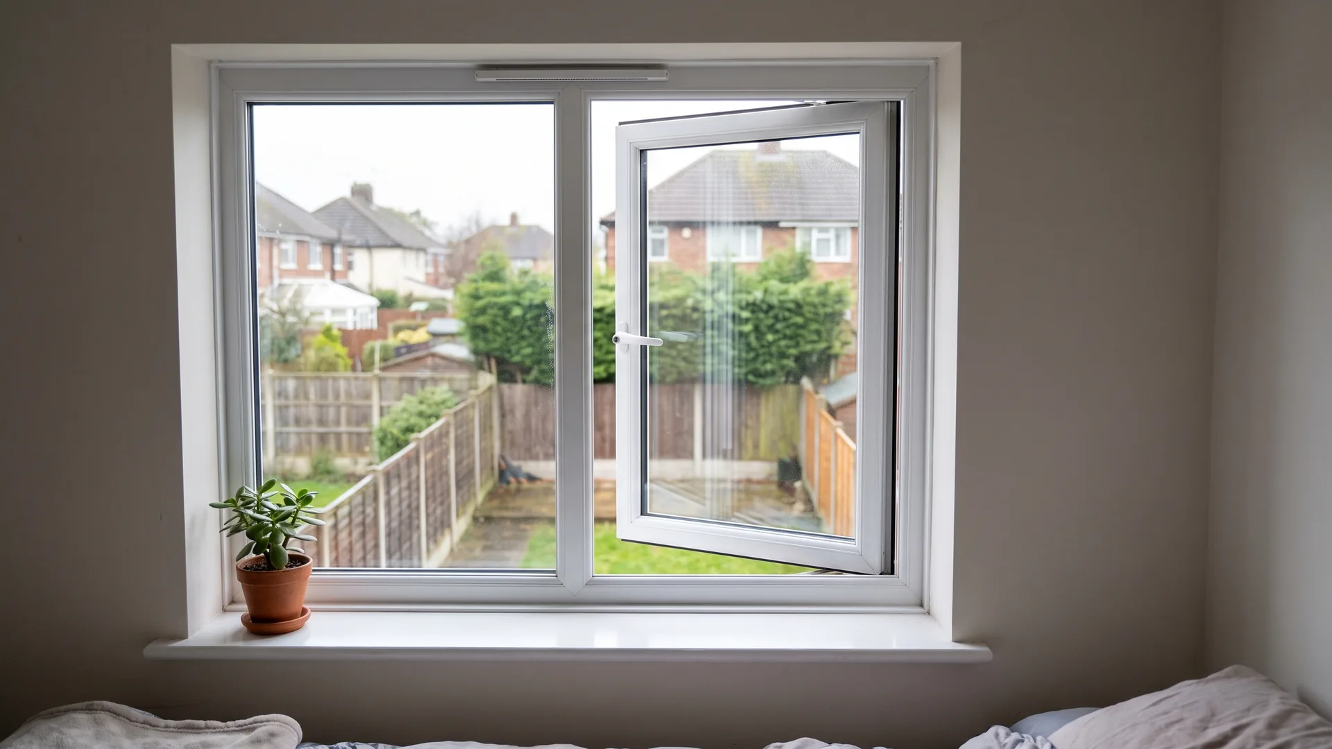 White uPVC bedroom window seen from inside, with a fixed pane, an opening sash swung inwards and a trickle vent along the frame head, gardens beyond