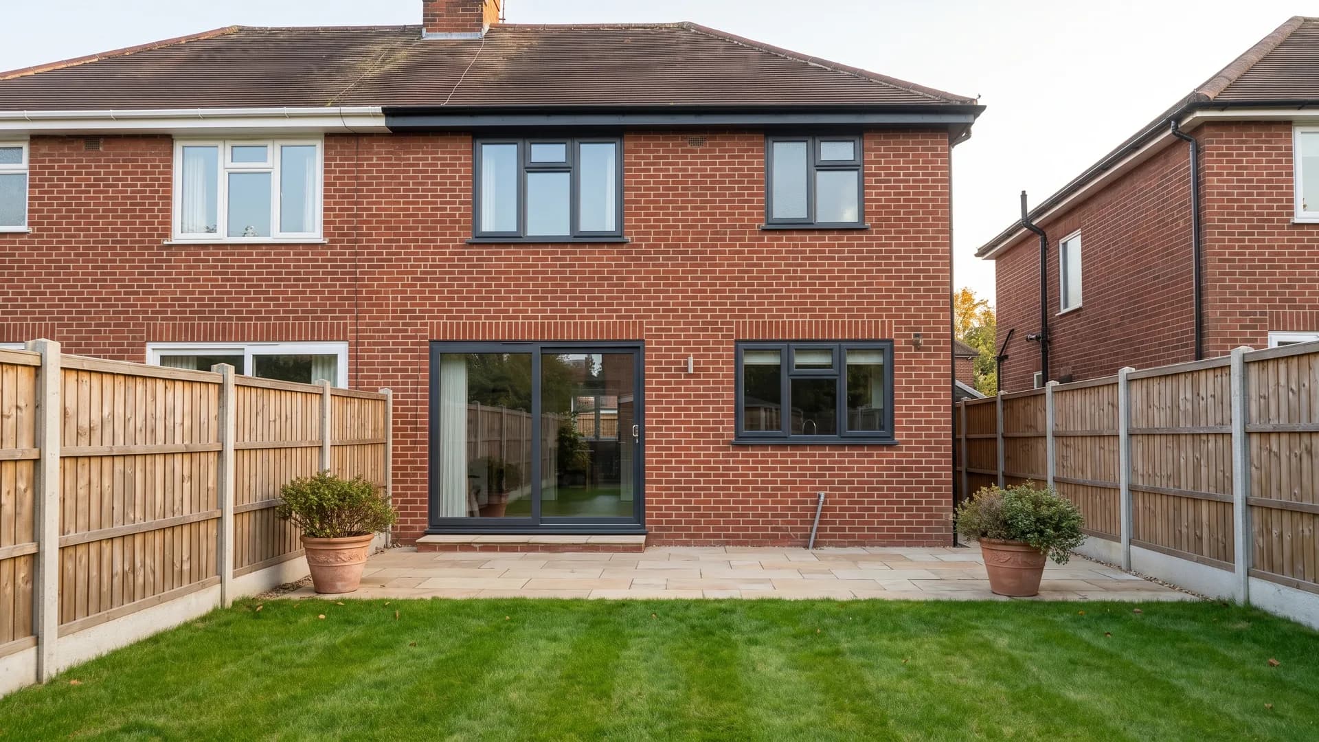 Rear elevation of a red brick semi-detached house with matching anthracite grey windows and a sliding patio door, the neighbouring half keeping white frames