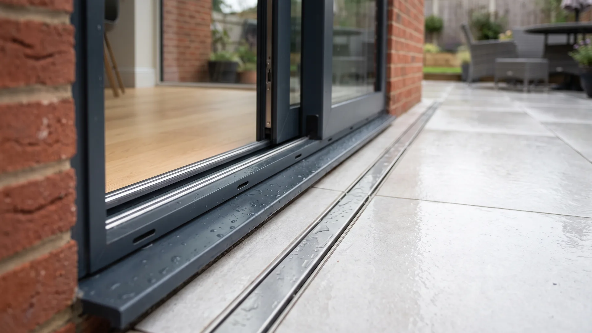 Low close-up of an anthracite grey aluminium sliding patio door, part open, with a low twin-track threshold, drainage slots and a slot drain in wet grey patio paving