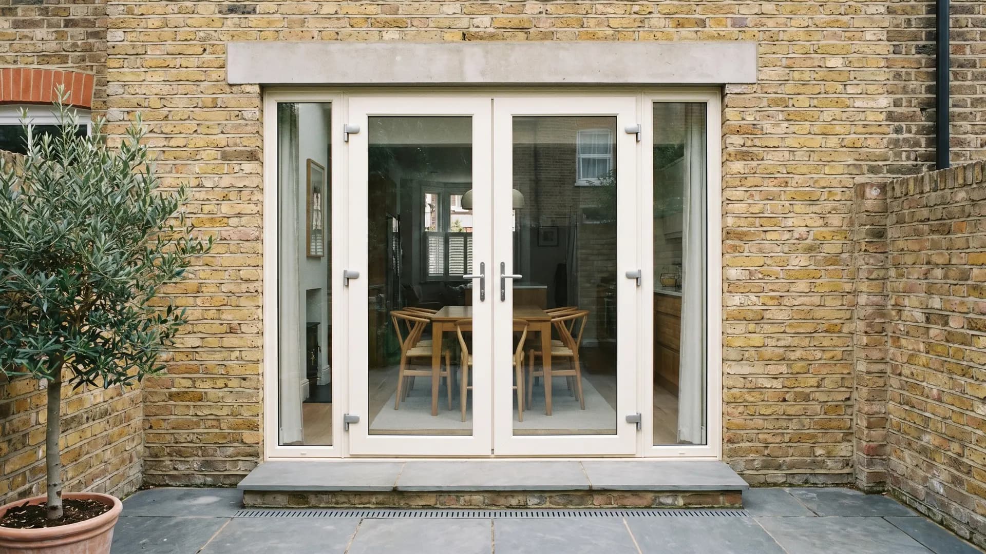 Pair of cream French doors with fixed side panels set in the yellow stock brick rear wall of a terraced house, under a concrete lintel, with a slate step, a slot drain and a dining room beyond
