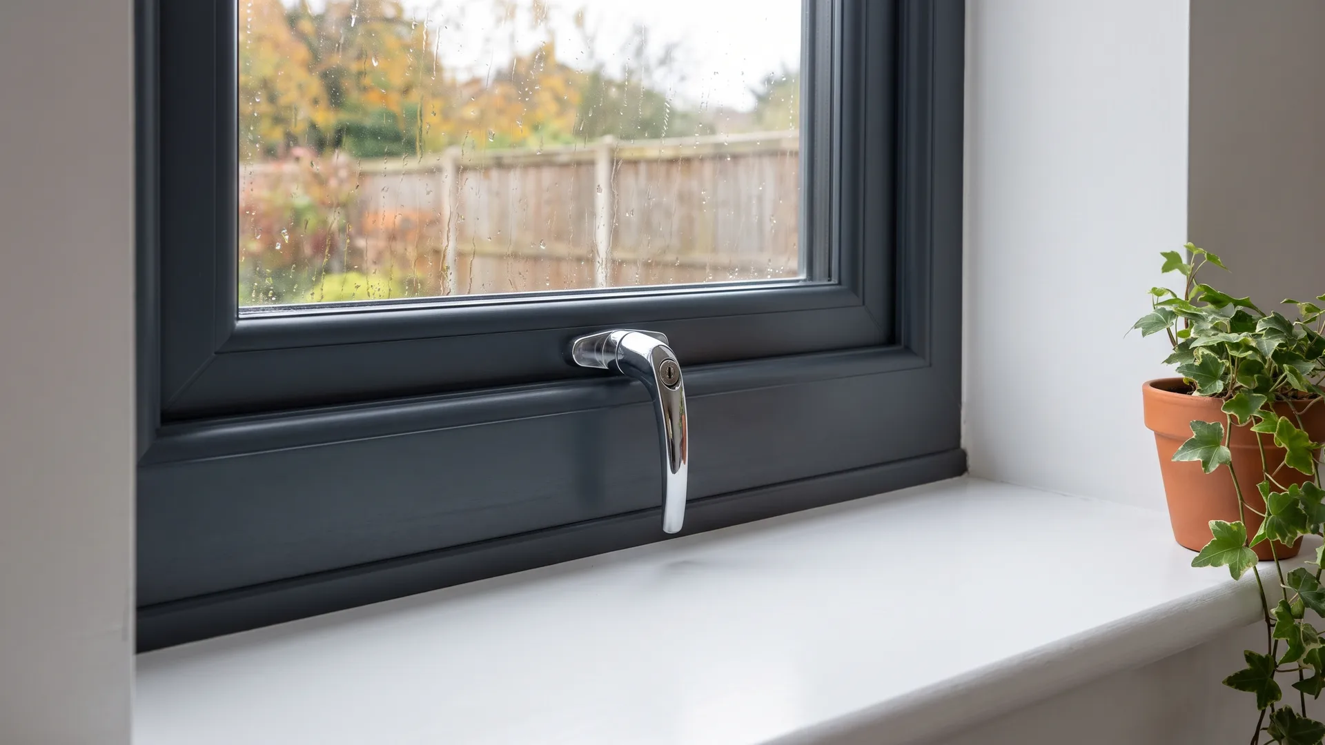 Chrome locking handle on the bottom rail of a closed anthracite grey uPVC casement window, seen from inside with rain on the glass and a garden fence beyond