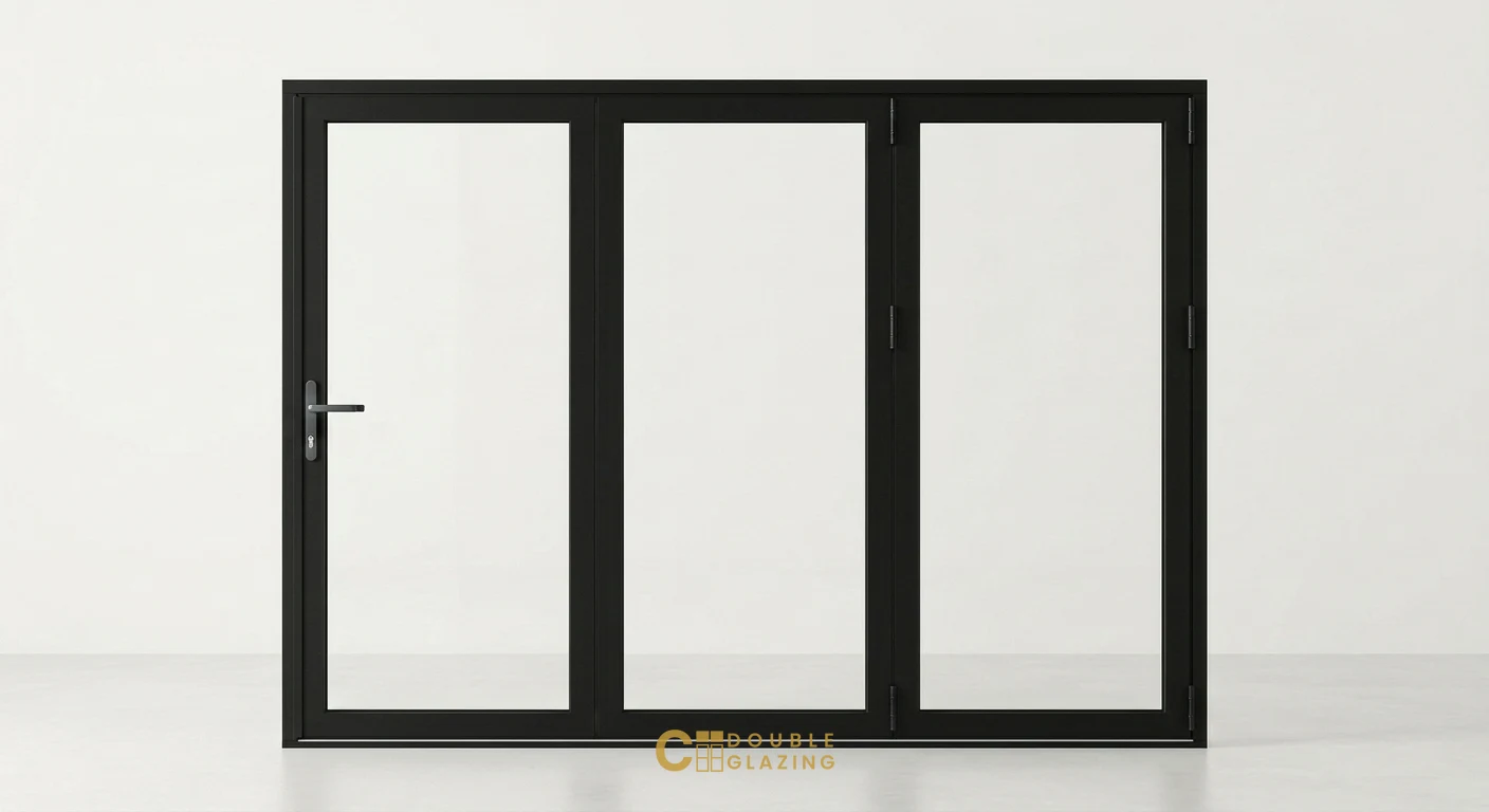 Black aluminium three-panel bi-fold door, studio view