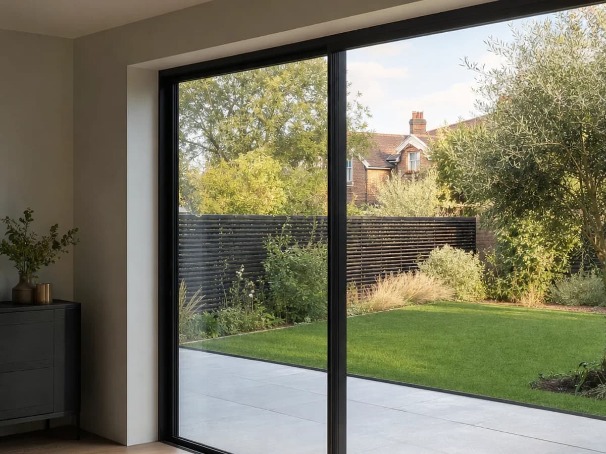 Anthracite aluminium sliding patio doors with a garden view