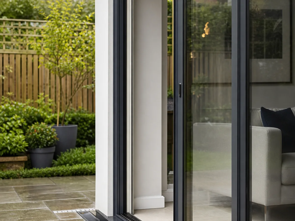 Anthracite grey aluminium sliding patio door partly open, with the moving panel parked behind the fixed pane and a slot drain in the patio paving
