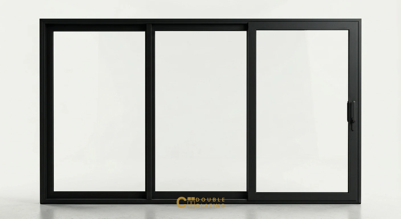 Black aluminium three-panel sliding door, studio view