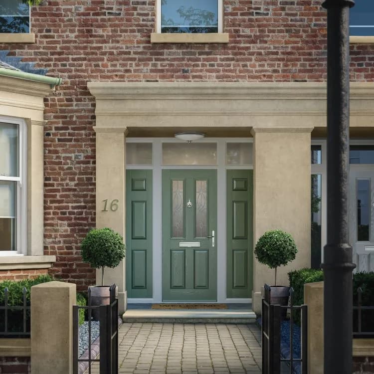 Chartwell green composite front door fitted to a brick mid-terrace home