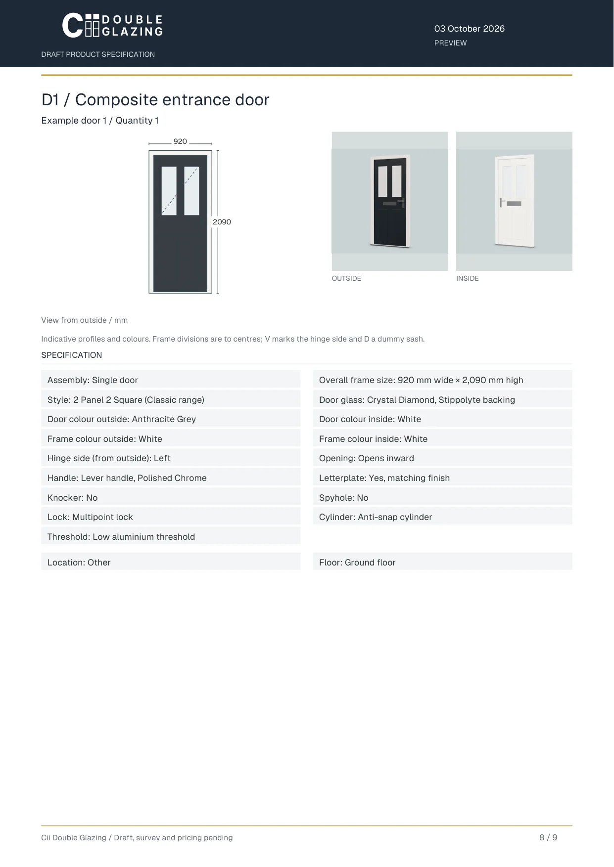 Sample specification page for a composite door: drawing, outside and inside views, and the spec table