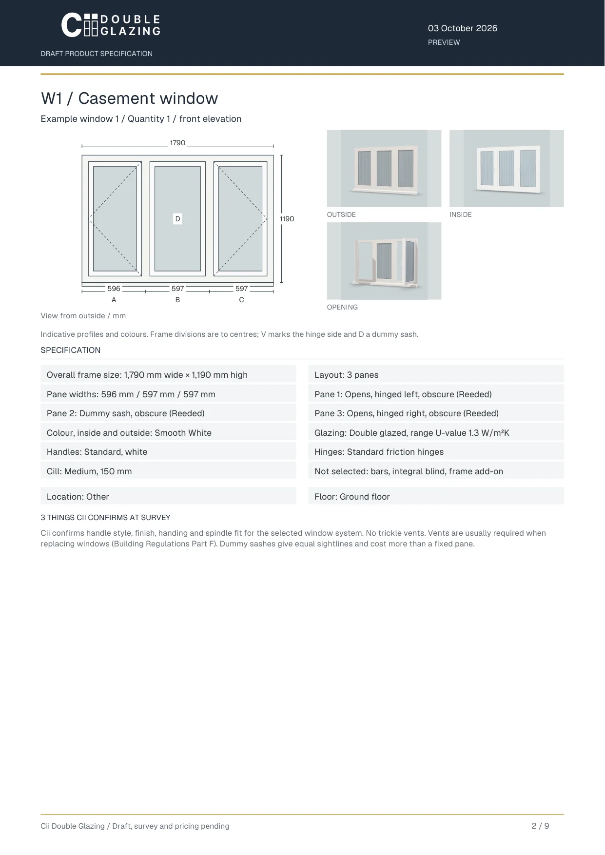 Sample specification page for a three-pane casement window: dimensioned drawing, views and the spec table