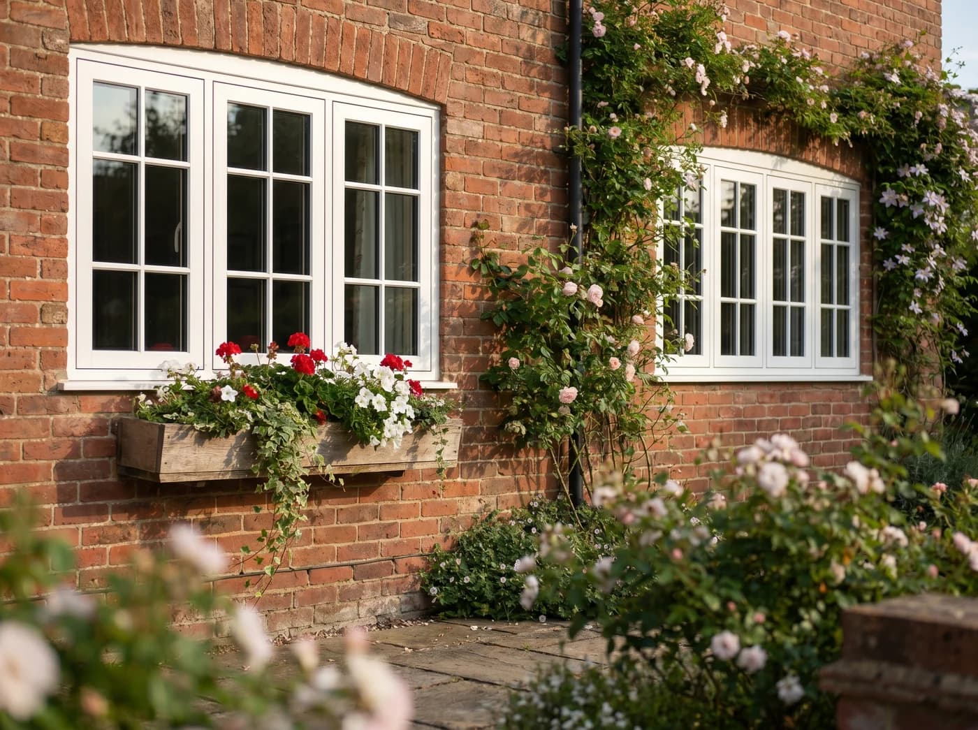 White uPVC flush sash windows on a traditional red-brick cottage by Cii Double Glazing