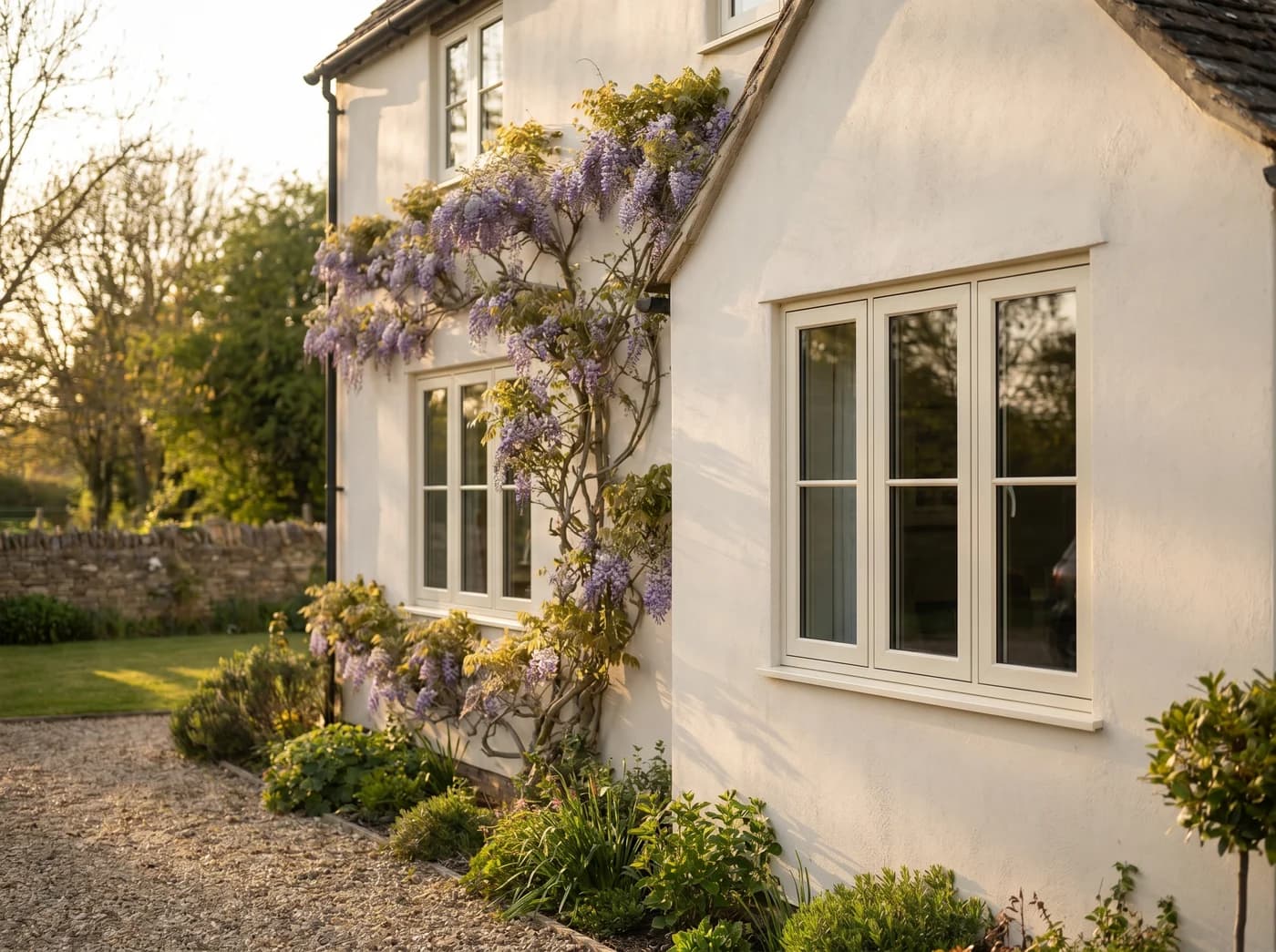 Cream uPVC flush sash windows on a rendered period home with wisteria, by Cii Double Glazing