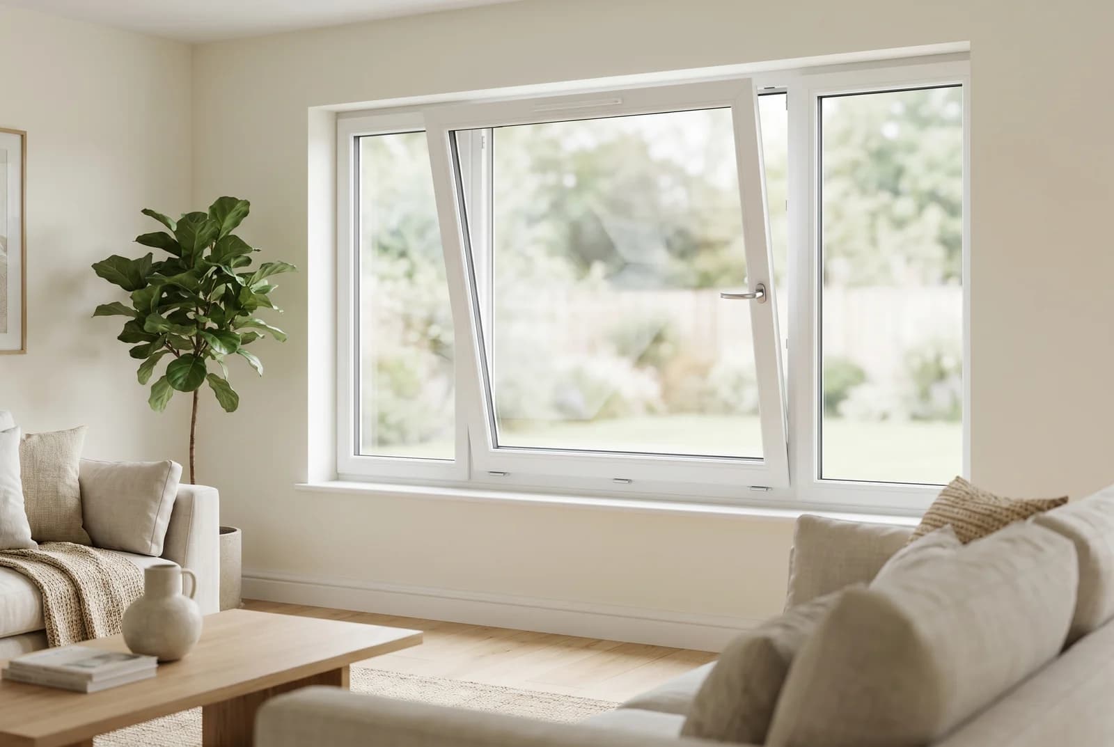 White uPVC tilt and turn windows in a bright Essex living room, by Cii Double Glazing